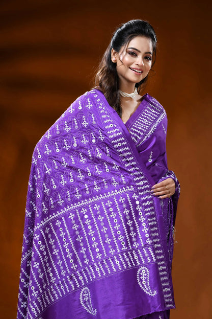 Violet purple silk gujarati stitch saree with paisley motif - mirror work 2