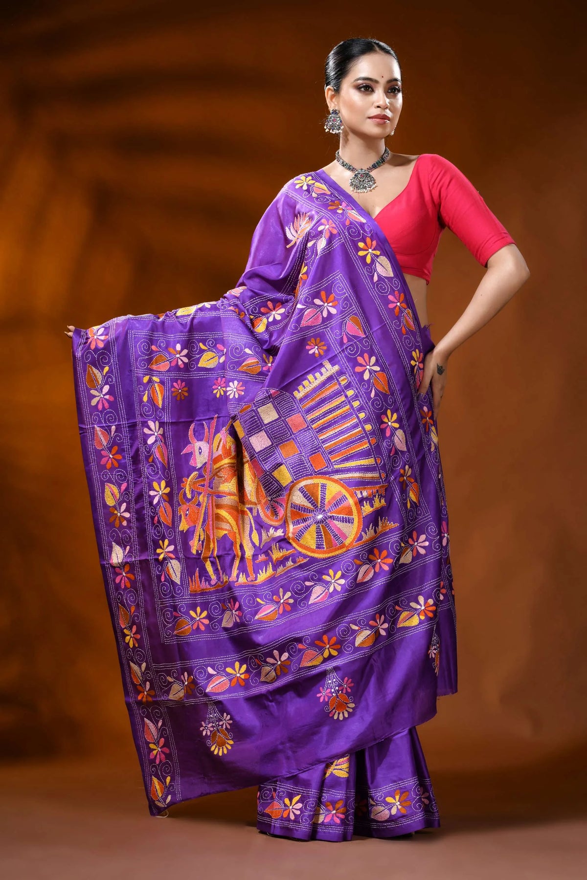 Violet silk kantha saree with hand embroidered bullock cart motif 6