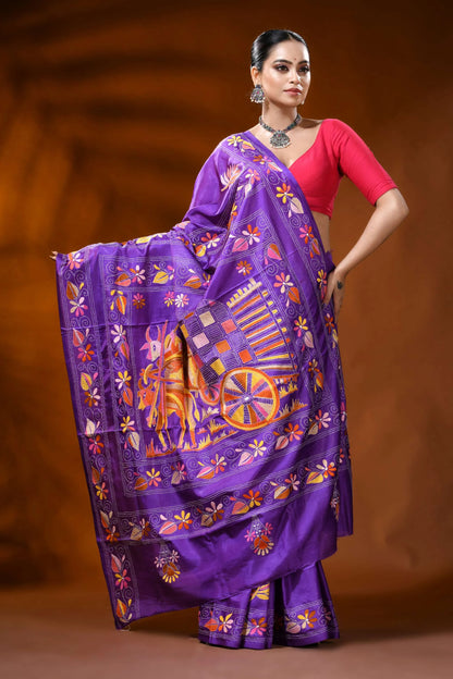Violet silk kantha saree with hand embroidered bullock cart motif 6