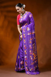 Violet silk kantha saree with hand embroidered bullock cart motif 3