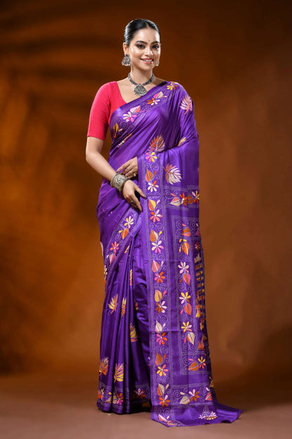 Violet silk kantha saree with hand embroidered bullock cart motif 1