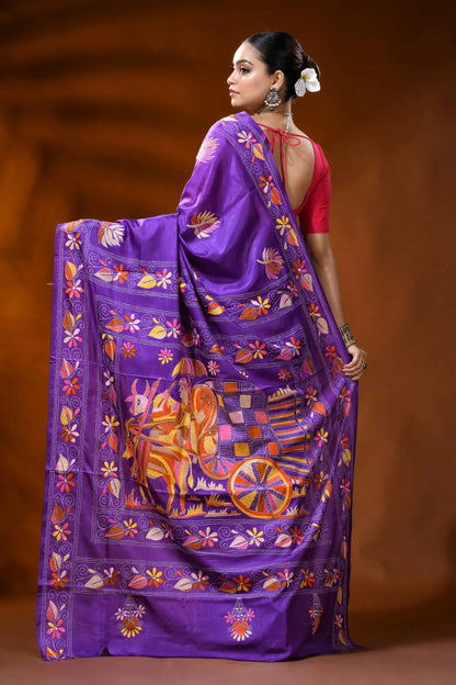 Violet silk kantha saree with hand embroidered bullock cart motif 5