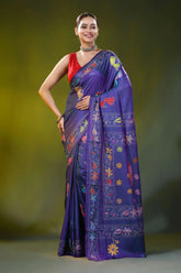 Violet silk kantha saree with hand embroidered peacock bird motif 7