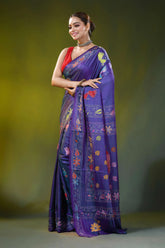 Violet silk kantha saree with hand embroidered peacock bird motif 3