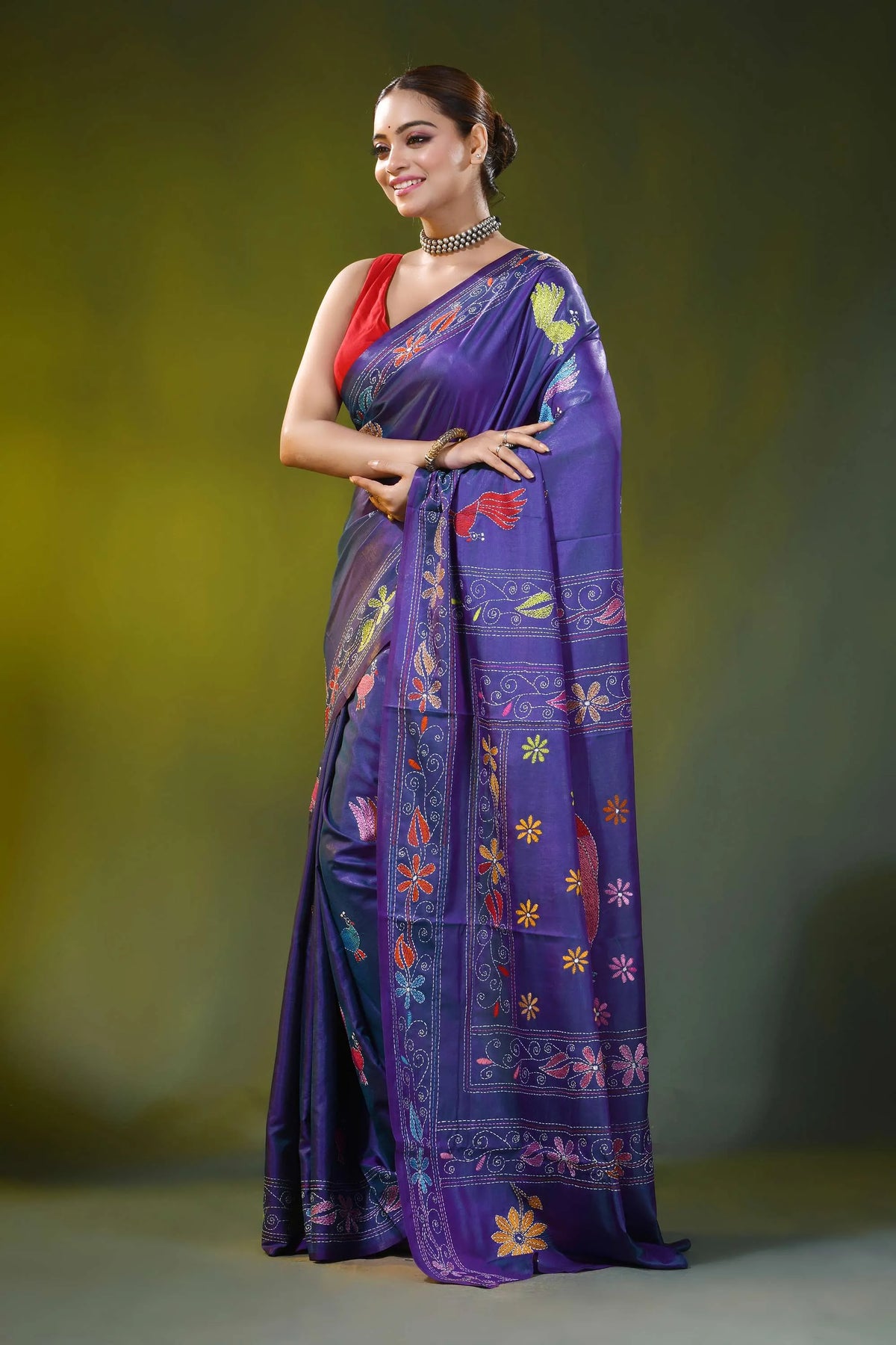 Violet silk kantha saree with hand embroidered peacock bird motif 3