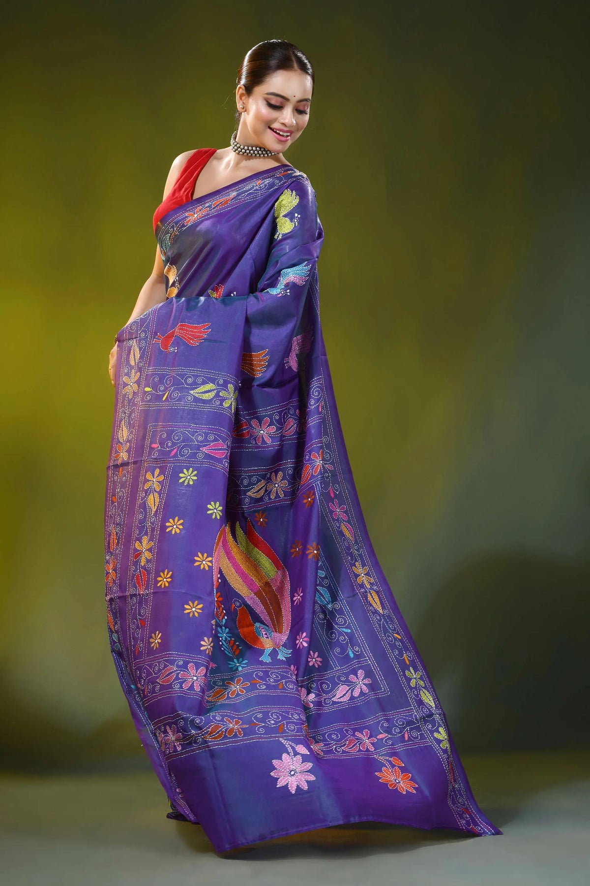 Violet silk kantha saree with hand embroidered peacock bird motif 4