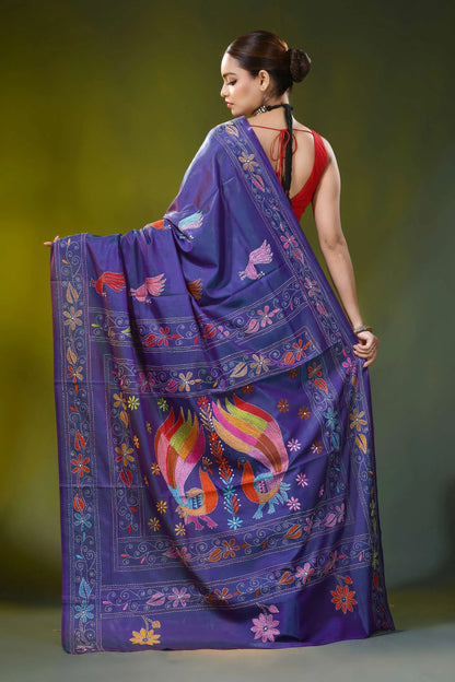 Violet silk kantha saree with hand embroidered peacock bird motif 5
