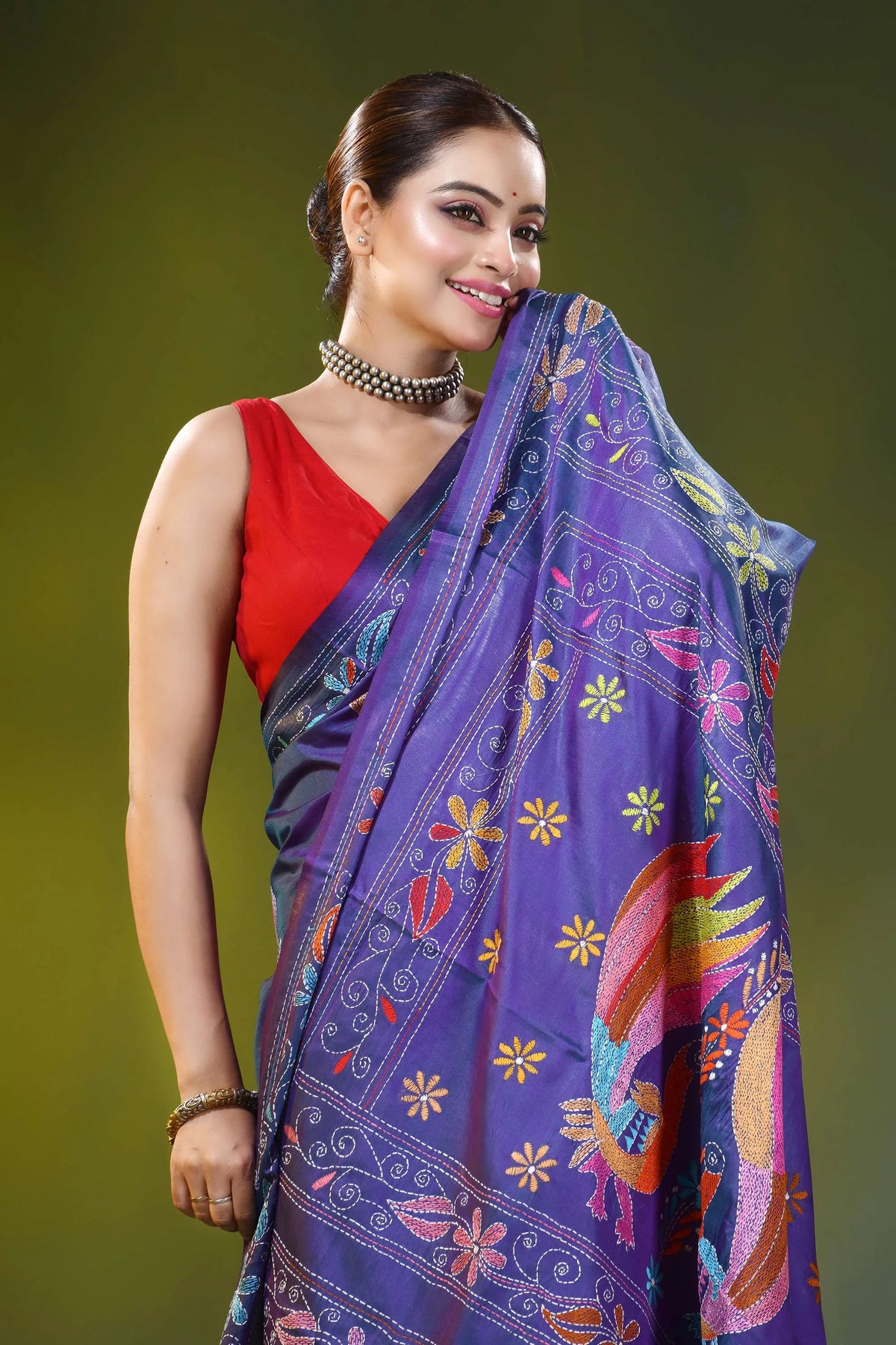 Violet silk kantha saree with hand embroidered peacock bird motif 2