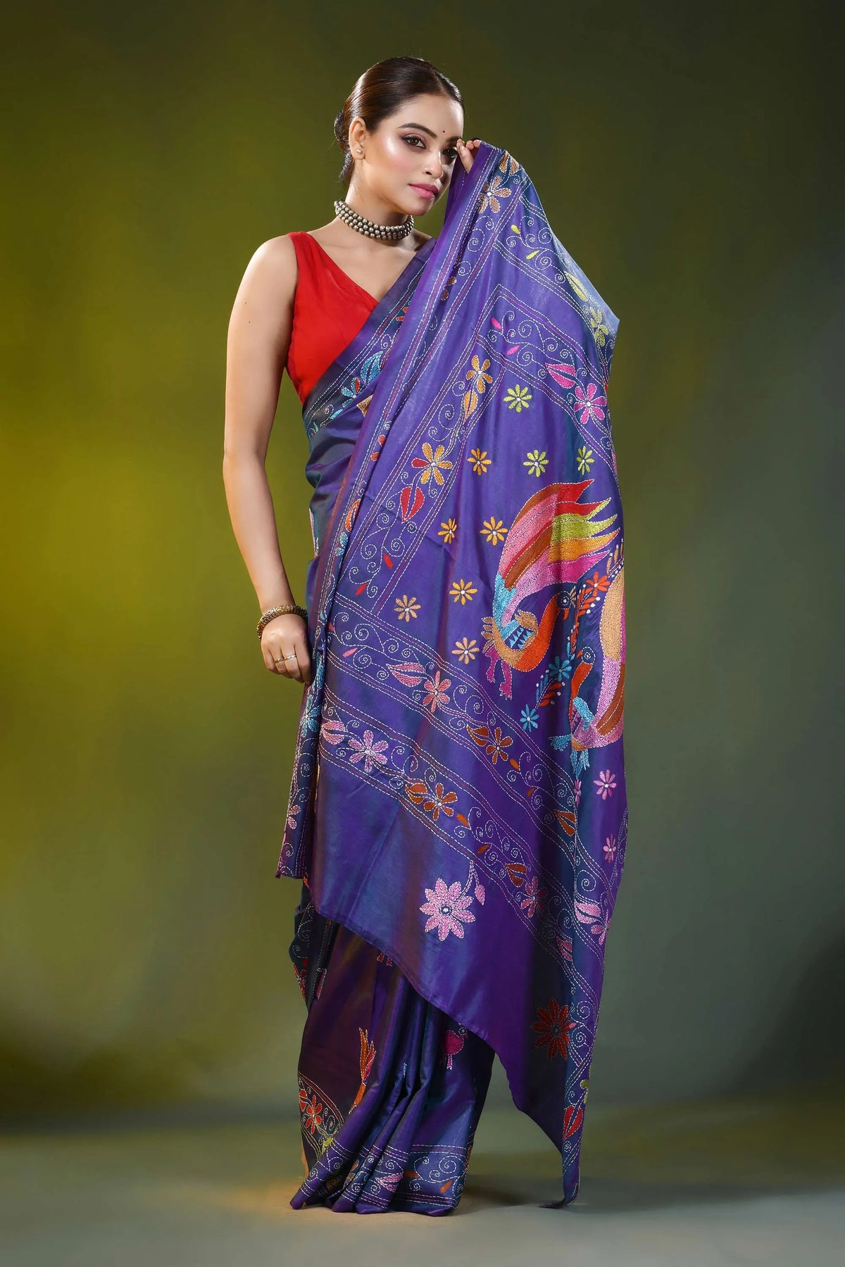 Violet silk kantha saree with hand embroidered peacock bird motif 6