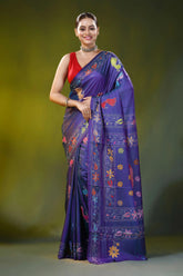 Violet silk kantha saree with hand embroidered peacock bird motif 1