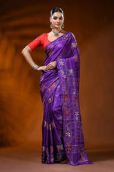 Violet silk kantha stitch saree with butterfly floral nature motif 1
