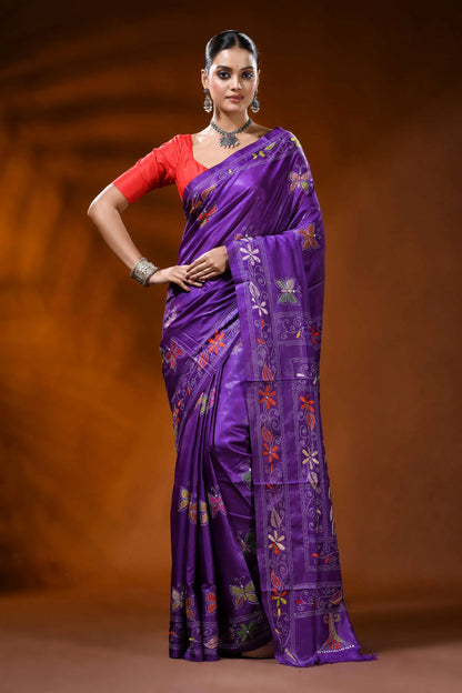 Violet silk kantha stitch saree with butterfly floral nature motif 1