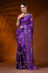 Violet silk kantha stitch saree with butterfly floral nature motif 6