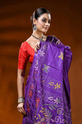 Violet silk kantha stitch saree with butterfly floral nature motif 2