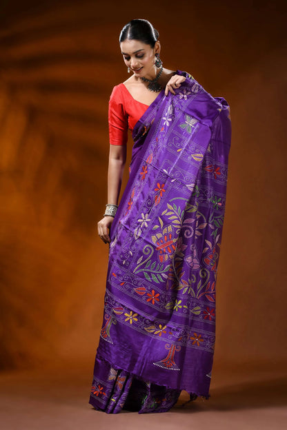 Violet silk kantha stitch saree with butterfly floral nature motif 4
