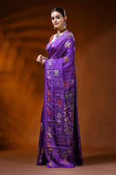 Violet silk kantha stitch saree with butterfly floral nature motif 3