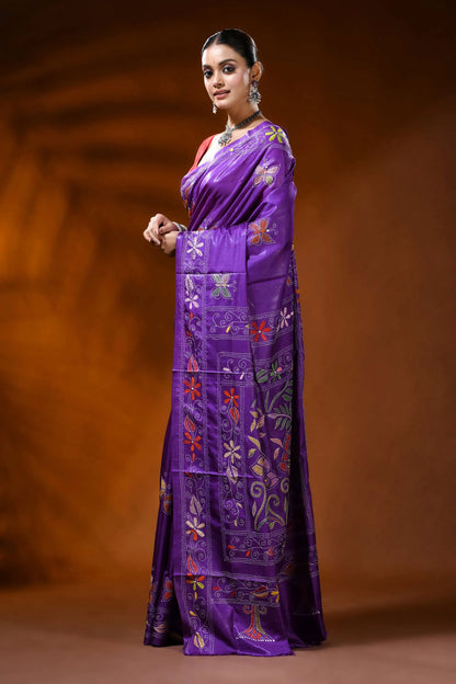 Violet silk kantha stitch saree with butterfly floral nature motif 3