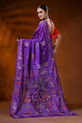 Violet silk kantha stitch saree with butterfly floral nature motif 5