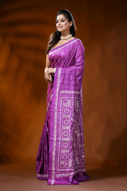 Violet silk kantha stitch saree with geometric floral ethnic design 3