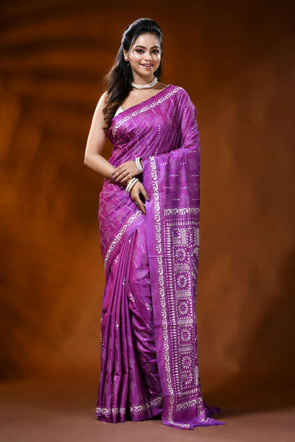 Violet silk kantha stitch saree with geometric floral ethnic design 1