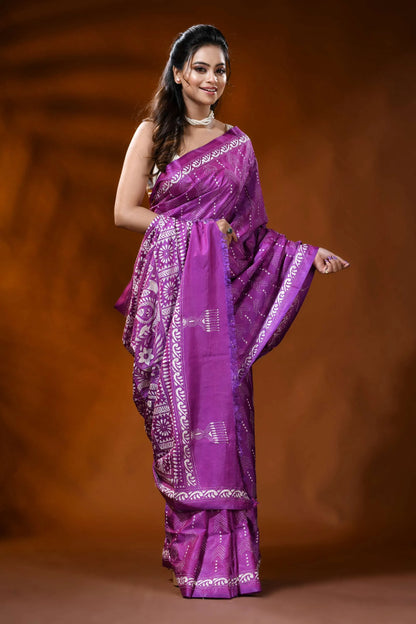 Violet silk kantha stitch saree with geometric floral ethnic design 4