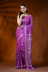 Violet silk kantha stitch saree with geometric floral ethnic design 6