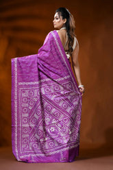 Violet silk kantha stitch saree with geometric floral ethnic design 5