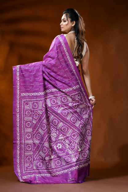 Violet silk kantha stitch saree with geometric floral ethnic design 5