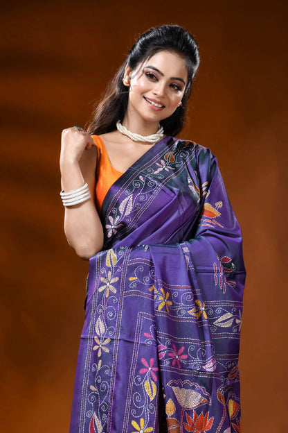 Violet silk kantha work saree with swan lotus hand embroidery 2