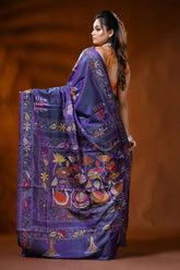 Violet silk kantha work saree with swan lotus hand embroidery 5