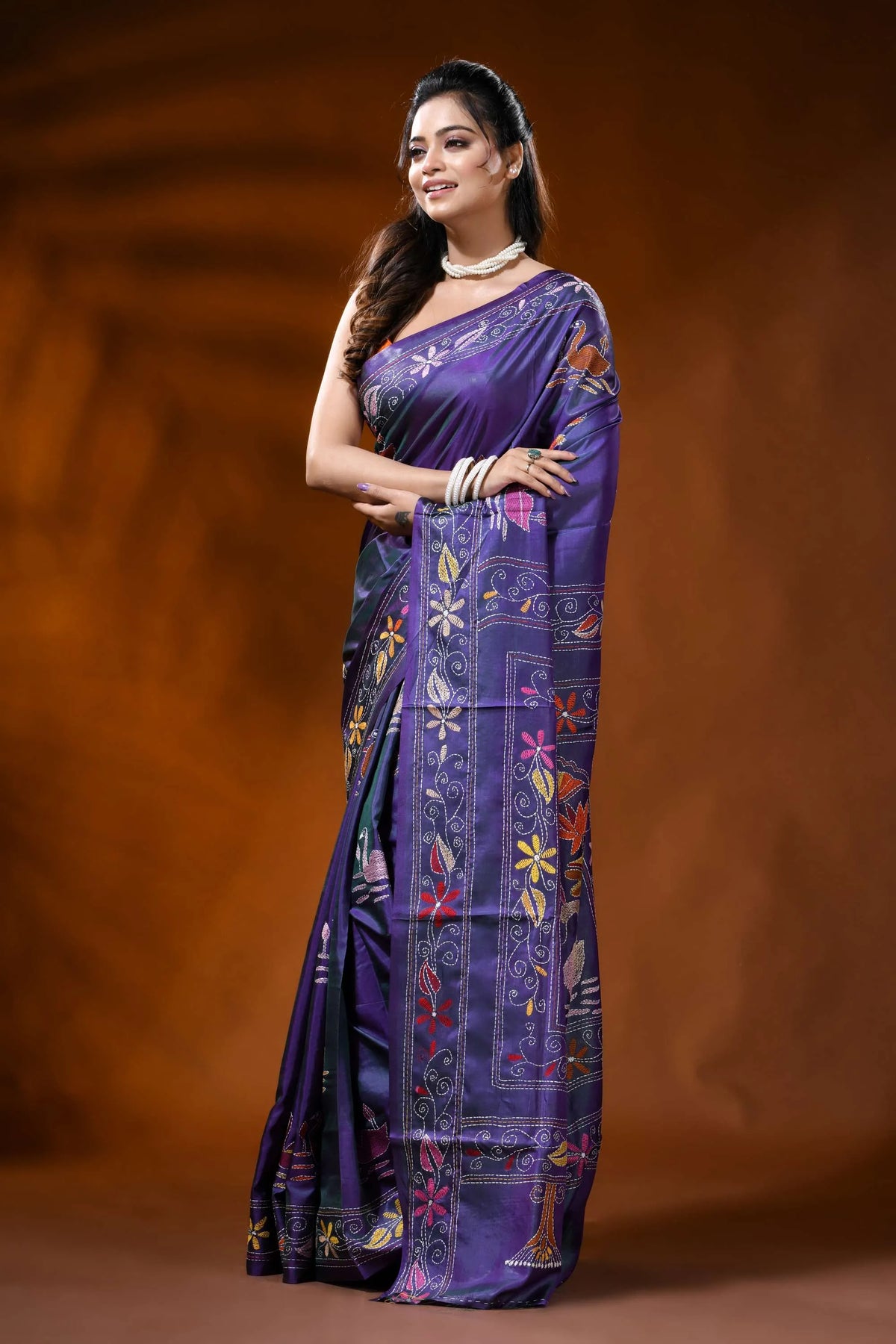 Violet silk kantha work saree with swan lotus hand embroidery 3
