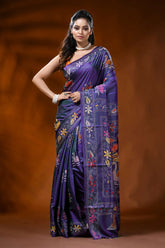 Violet silk kantha work saree with swan lotus hand embroidery 6