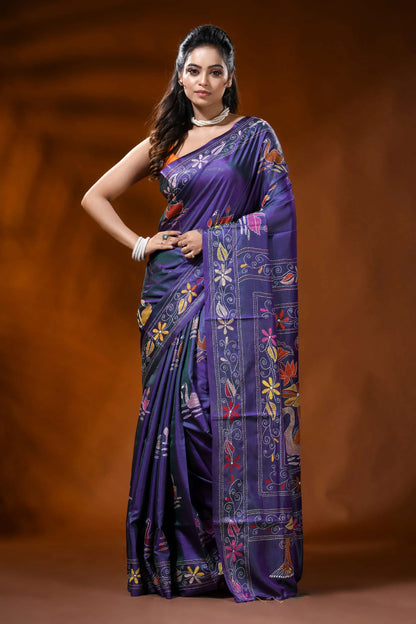 Violet silk kantha work saree with swan lotus hand embroidery 6