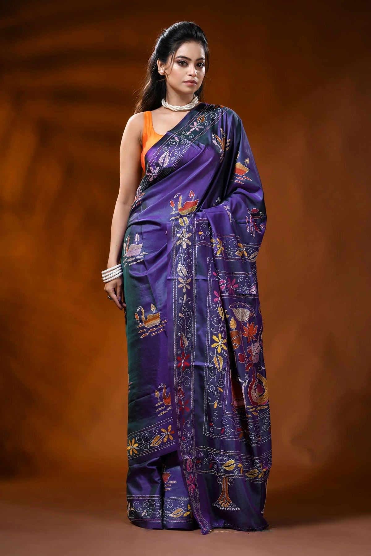 Violet silk kantha work saree with swan lotus hand embroidery 4