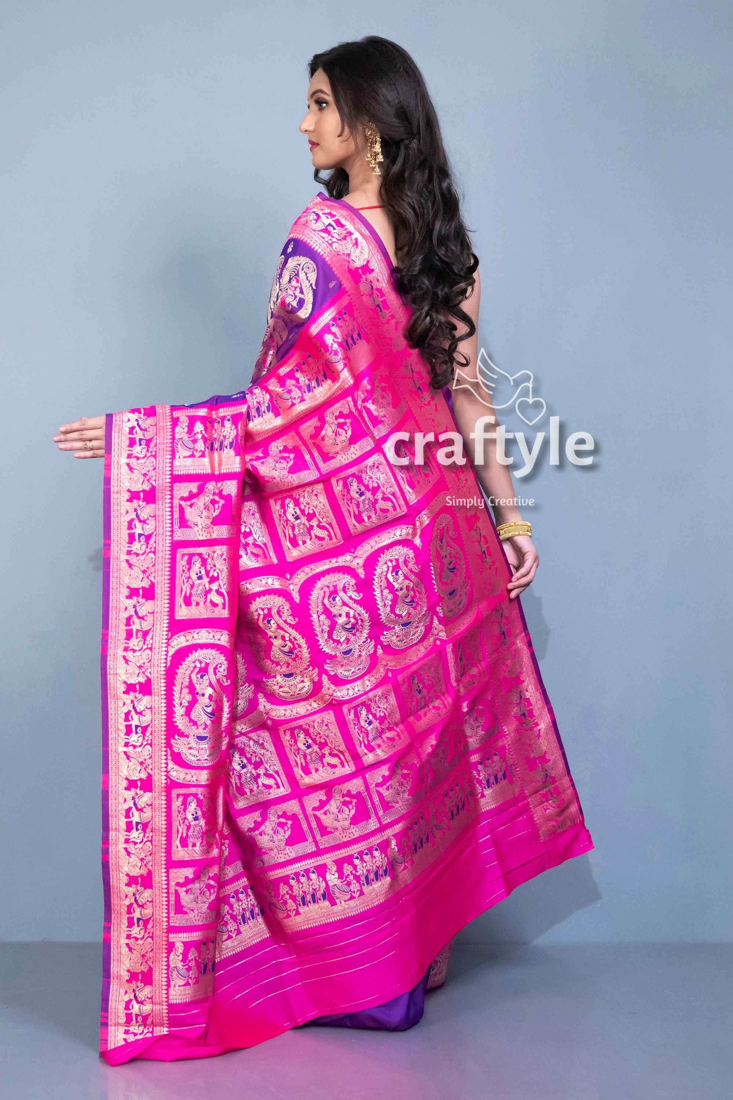 Violet with Pink Semi Silk Swarnachari Saree with Blouse Piece - Craftyle