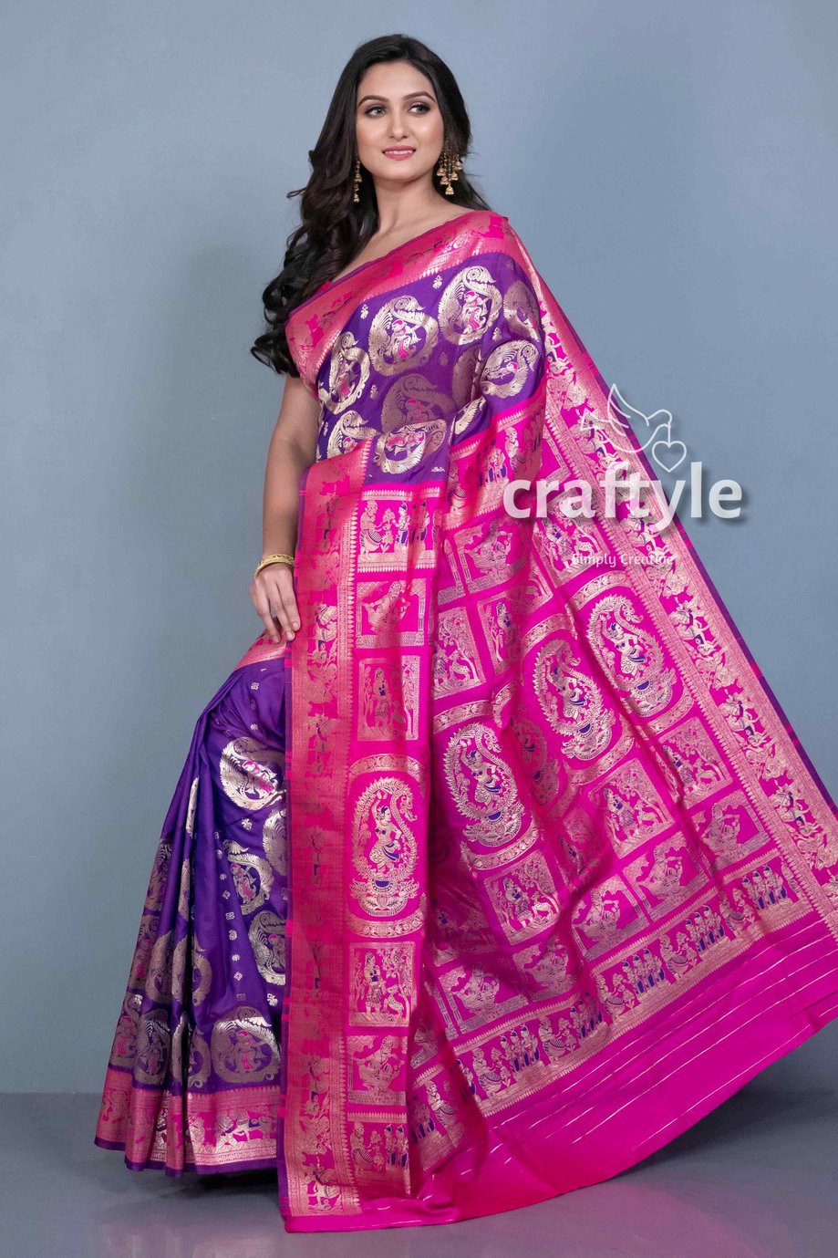 Violet with Pink Semi Silk Swarnachari Saree with Blouse Piece - Craftyle