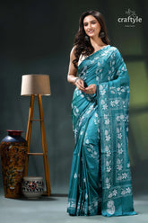 Viridan green fish motif unique silk kantha stitch saree teal floral saree white accents 6