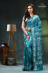 Viridan green fish motif unique silk kantha stitch saree teal floral saree white embroidery 1