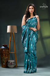 Viridan green fish motif unique silk kantha stitch saree teal floral saree silver accents 4