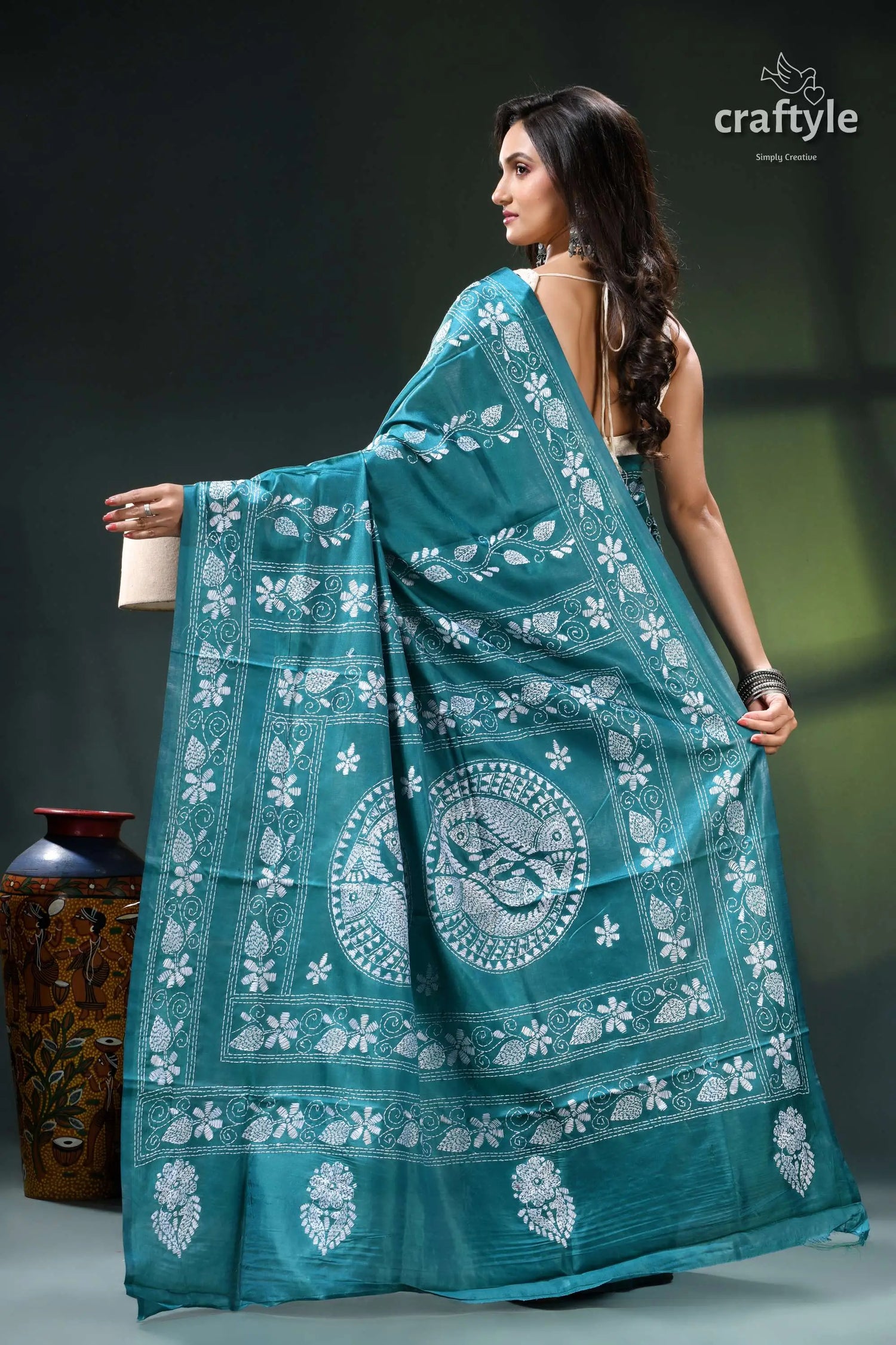 Viridan green fish motif unique silk kantha stitch saree teal saree white floral circular 5