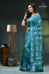 Viridan green fish motif unique silk kantha stitch saree teal floral saree white embroidery 3