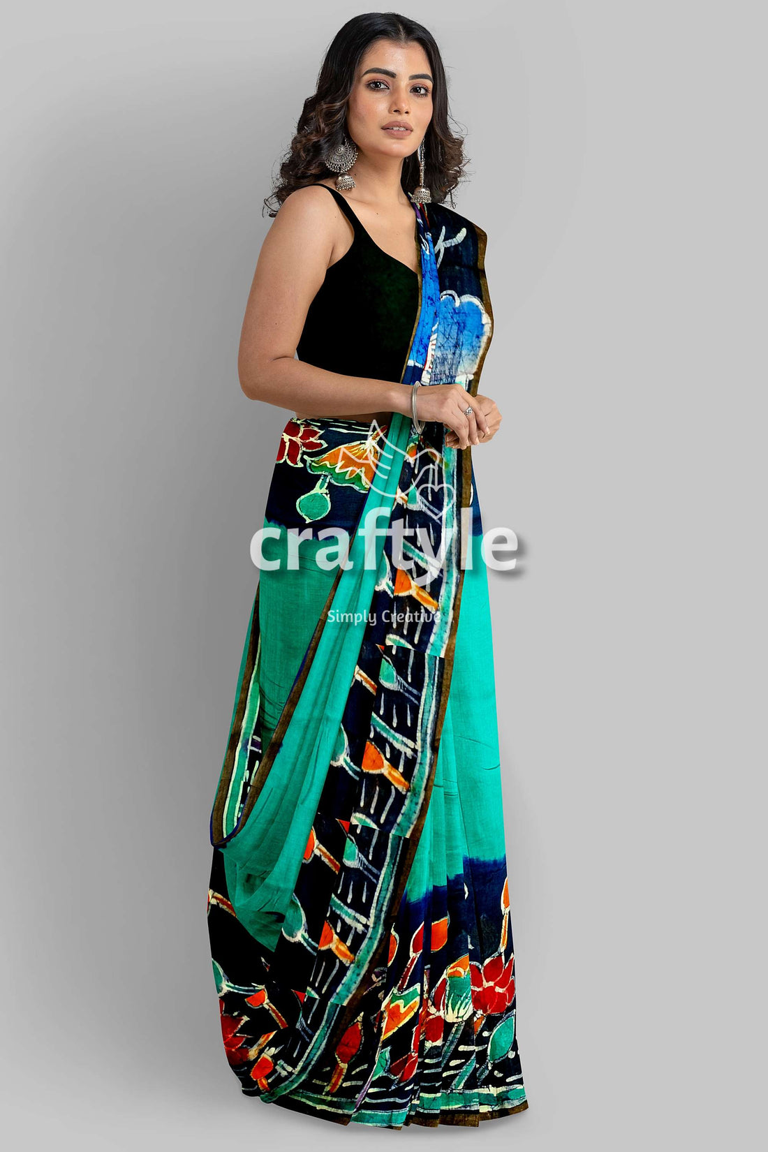 Viridian Green Bullock Cart Design Handcrafted Batik Mulberry Pure Silk Saree - Craftyle