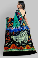Viridian Green Bullock Cart Design Handcrafted Batik Mulberry Pure Silk Saree - Craftyle