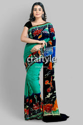 Viridian Green Bullock Cart Design Handcrafted Batik Mulberry Pure Silk Saree - Craftyle