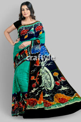 Viridian Green Bullock Cart Design Handcrafted Batik Mulberry Pure Silk Saree - Craftyle