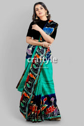Viridian Green Bullock Cart Design Handcrafted Batik Mulberry Pure Silk Saree - Craftyle
