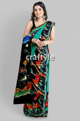 Viridian Green Bullock Cart Design Handcrafted Batik Mulberry Pure Silk Saree - Craftyle