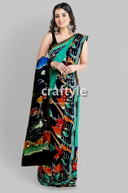 Viridian Green Bullock Cart Design Handcrafted Batik Mulberry Pure Silk Saree - Craftyle
