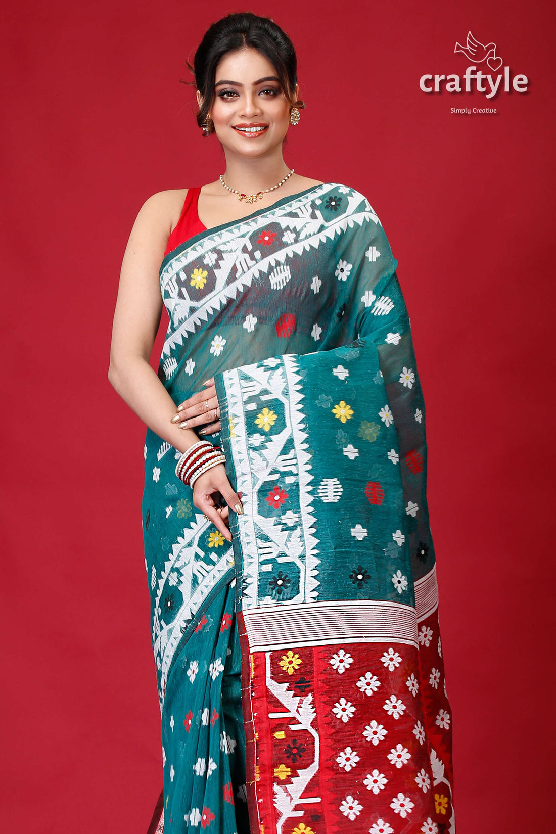 Viridian Green Finest Dhakai Jamdani Saree-Craftyle