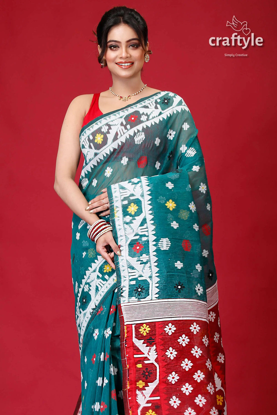 Viridian green finest dhakai jamdani saree woman patterned saree 2